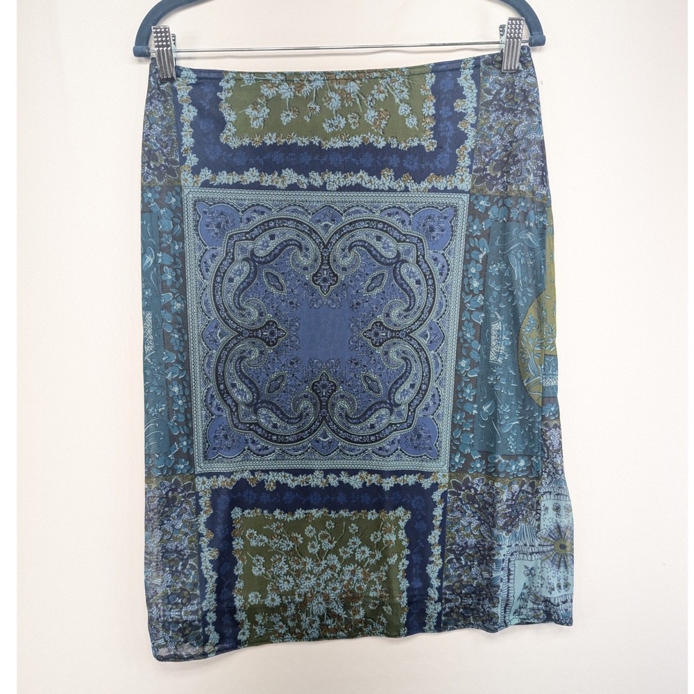 Vintage A. Byer Blue Paisley Patchwork Mesh Midi Skirt Size M Made in USA 90s